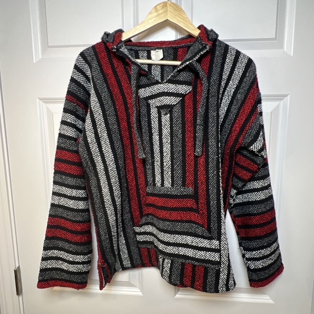 Del Mex Baja Hoodie Drug Rug Men's Large Red Gray Black Mexican Pullover Sweater